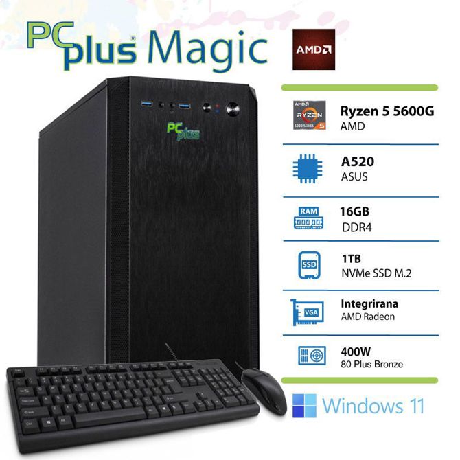 Računalnik PCplus Magic, AMD Ryzen 5 5600G, 16 GB, 1 TB NVMe SSD, Windows 11 Pro + miška in tipkovnica