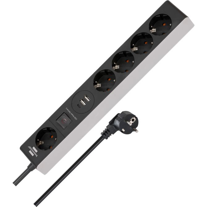 Podaljšek Brennenstuhl 5 vtičnic, 1,5 m, 2x USB-A, 1x USB-C, stikalo, zaščita otrok
