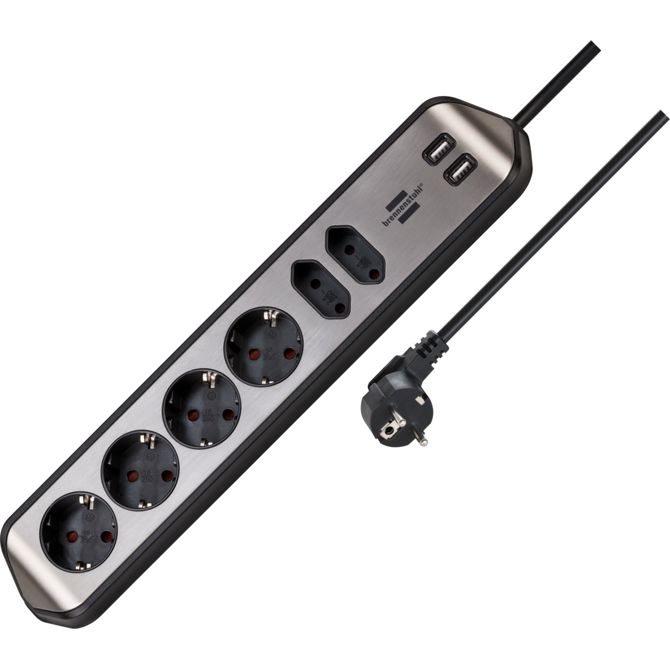 Podaljšek Brennenstuhl Style 6 vtičnic, 2x USB, črn/nerjaveče jeklo, 2 m, zaščita za otroke