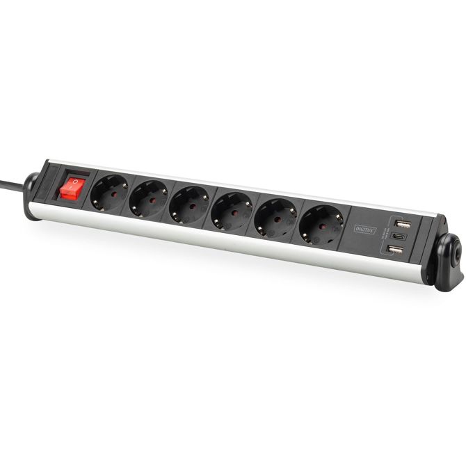 Podaljšek Digitus Office 6 vtičnic, 3 USB priključki, stikalo, aluminijasto ohišje, 1,5 m kabel (srebrn/črn)