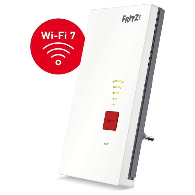 Podaljševalec signala FRITZ! Repetitor 2700 Wi-Fi 7, do 6,5 Gbit/s, 2,5 Gb LAN, WPA3, enostavna namestitev, bel/siv