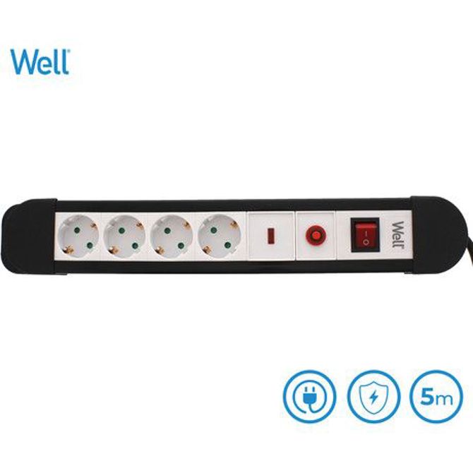 WELL EXTS-4S5M električni podaljšek, 4x SCHUKO, 3500W, 220-250V 16A, 5m kabel, gumb za vklop/izklop, črno bel