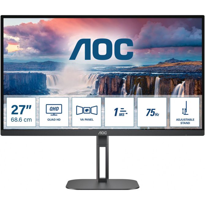 Monitor AOC Value-line Q27V5N/BK 68,6 cm (27), 2560x1440 (QHD), VA, 300 cd/m2, 16:9 QHD VA 1ms 75Hz HDMI DP zvočnik črn