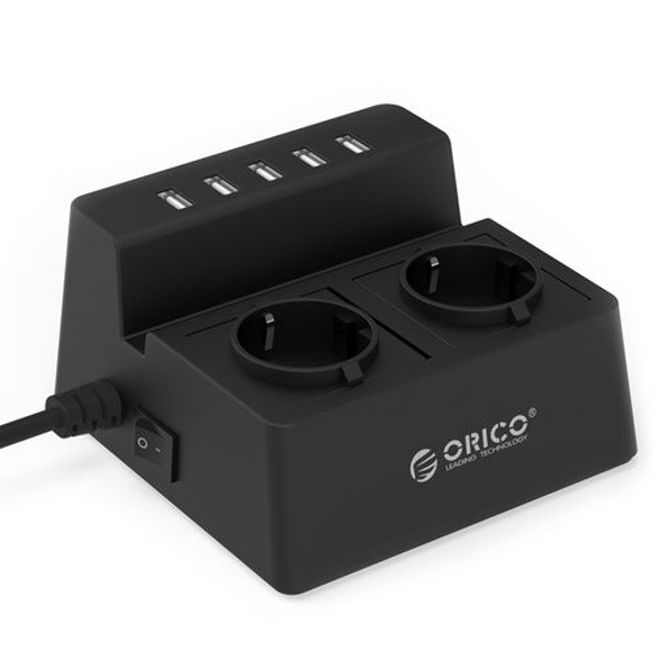 Razdelilec 2x 230V, 5x USB, 15.000 A, prenapetostna zaščita, črn, ORICO