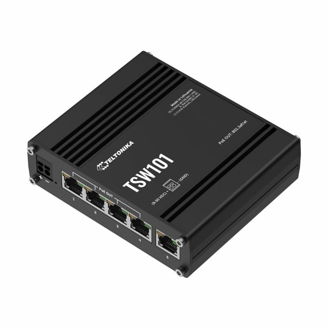 Industrijsko stikalo Teltonika TSW101, 5x Gigabit RJ45, 4x PoE+ 30W (60W skupno), kovinsko ohišje, DIN montaža, 9–30 V DC, IP30, mini format
