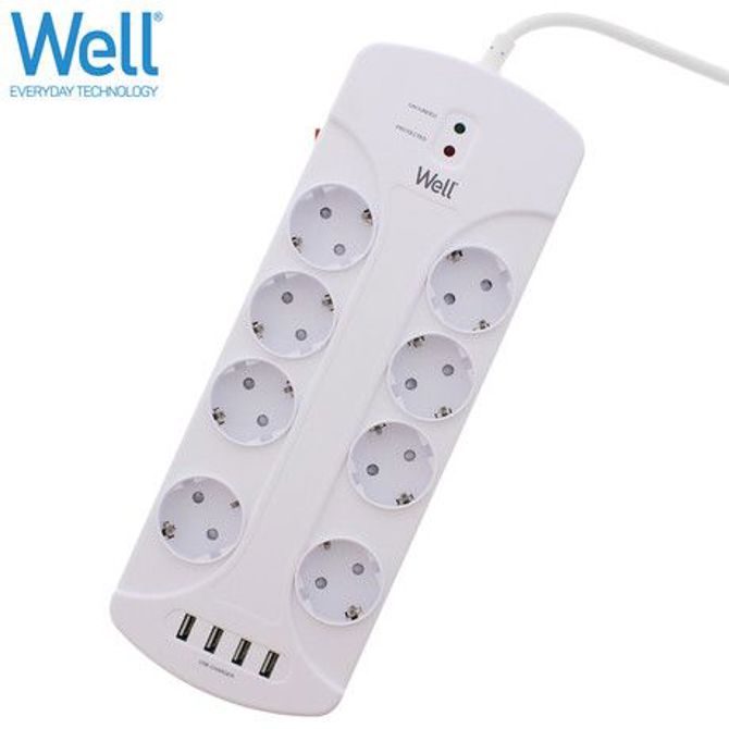 WELL EXTS-8S3M električni podaljšek, 8x SCHUKO, 3680W, 4x USB Type-A, 220-250V 16A, 3m kabel, gumb za vklop/izklop, bel