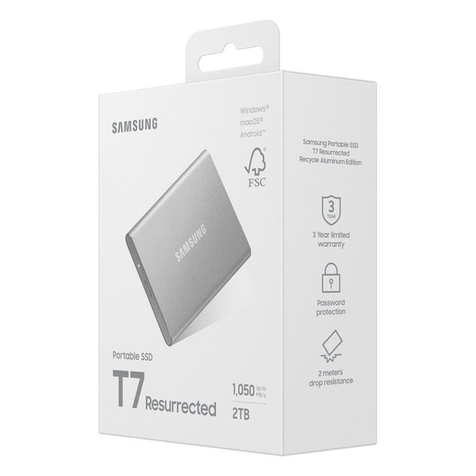 Zunanji SSD disk Samsung T7 Resurrected 2TB, USB-C 3.2 Gen 2, 1050 MB/s, strojno šifriranje, aluminij, srebrn 3