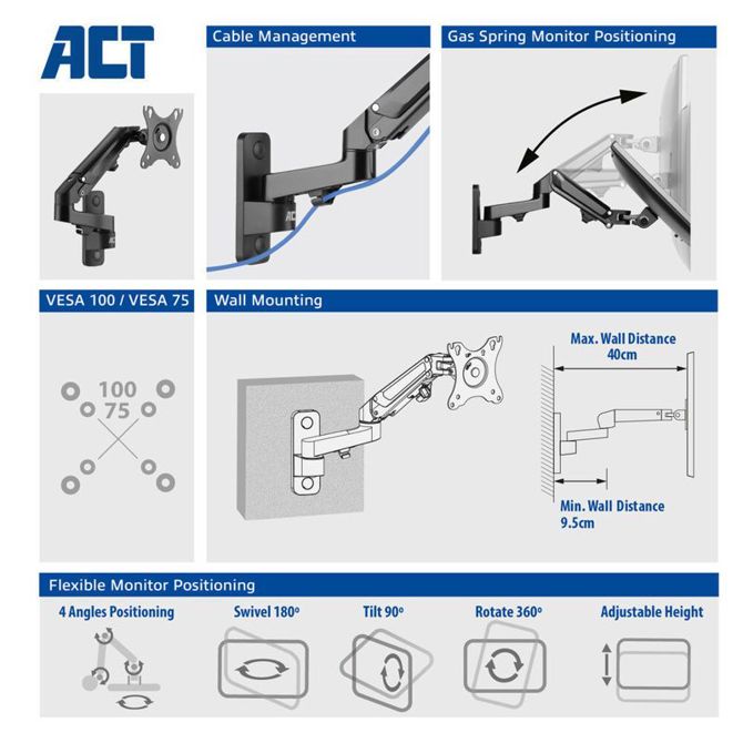 Stenski nosilec za monitor ACT AC8310 s plinsko vzmetjo 1 zaslon 17”- 27” črna 3