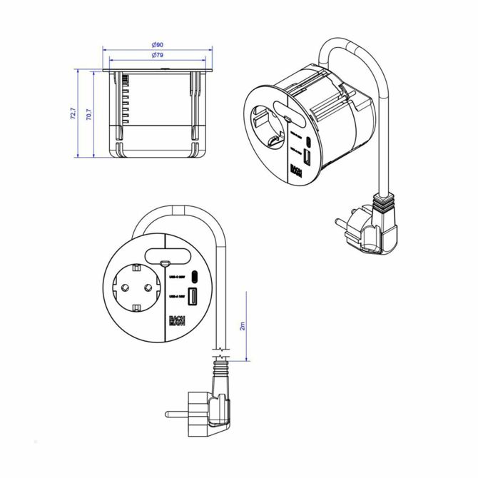 Bachmann Loop in Charge vgradna vtičnica 220V + USB TipC/TipA črna 938.201 4