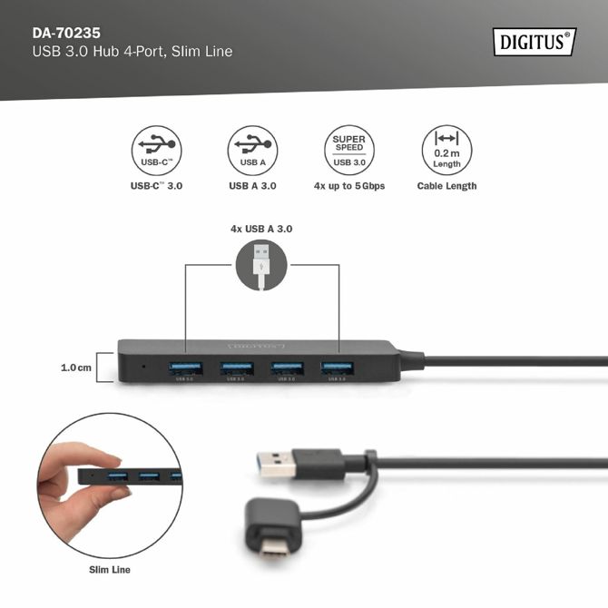 Digitus hub USB 3.0 4xA + TipC slim črn DA-70235 3