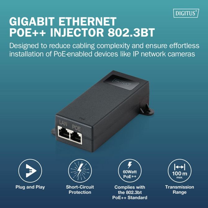 Napajalnik PoE Digitus DN-95104-1 60W, IEEE 802.3bt, Gigabit, 100m doseg, zaščita pred kratkim stikom 3