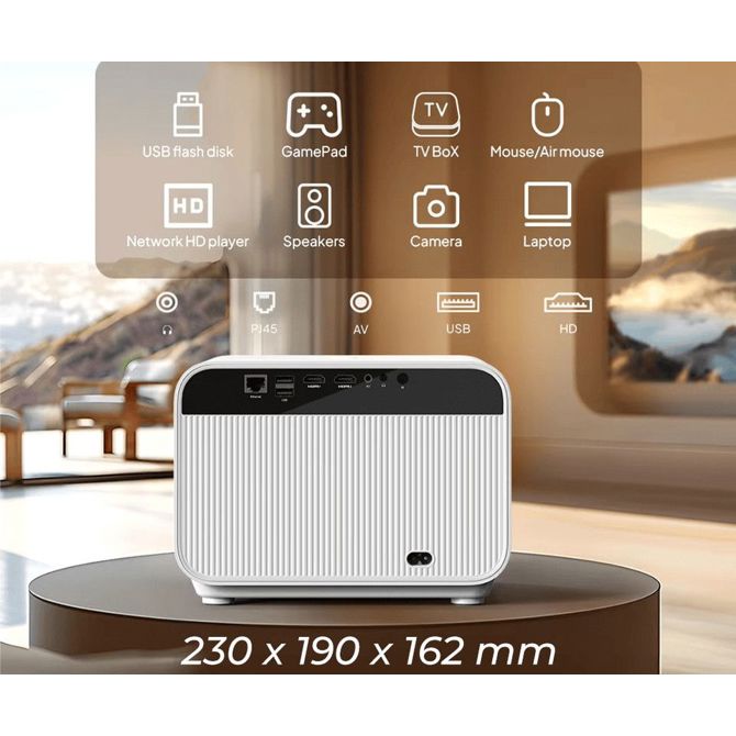 Prenosni LED projektor BYINTEK LOVE U12 , Android, WiFi 6, Bluetooth, 800 ANSI lumnov, STEREO zvočniki, samodejni fokus, deljenje zaslona, max 4K UHD, USB / HDMI / AUX / RJ-45, +daljinec, bela, siva 3