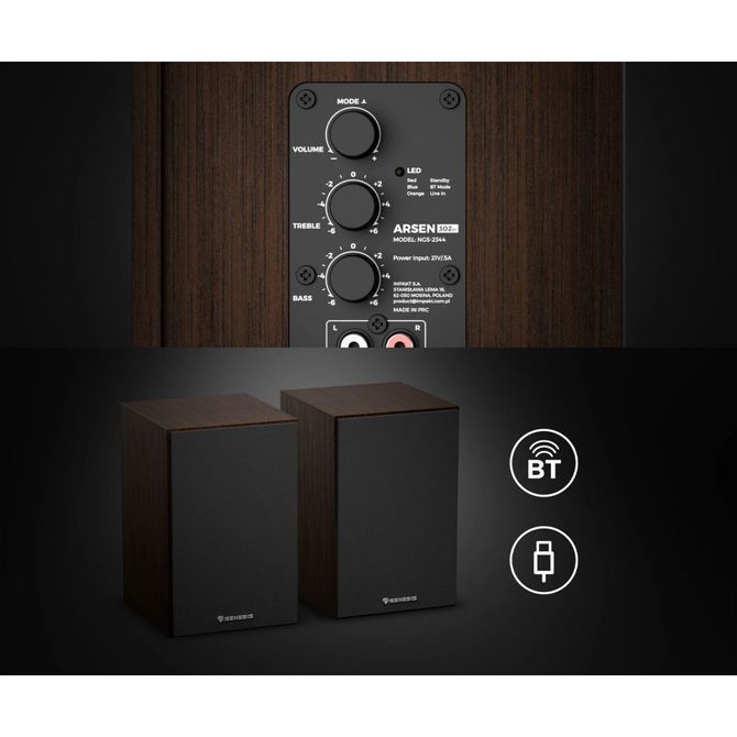 GENESIS ARSEN 302BT računalniški zvočniki, STEREO 2.0, 20W RMS, Bluetooth 5.3, 4 woofer + 1.25 tweeter, BassReflex funkcija, gumbi za upravljanje, RCA/Chinch, MDF les, rjavi (Natural Brown) 3