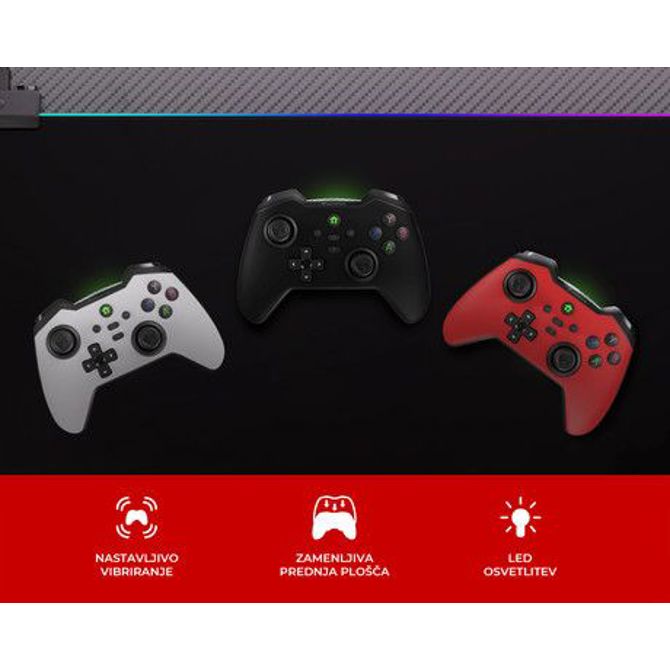 GENESIS MANGAN 400 brezžični igralni plošček / gamepad, 19 gumbov, vibriranje, Bluetooth, LED, Windows / Android / iOS / Nintendo, baterija, + prednja plošča, + torbica, rdeč (Genesis Red) 5