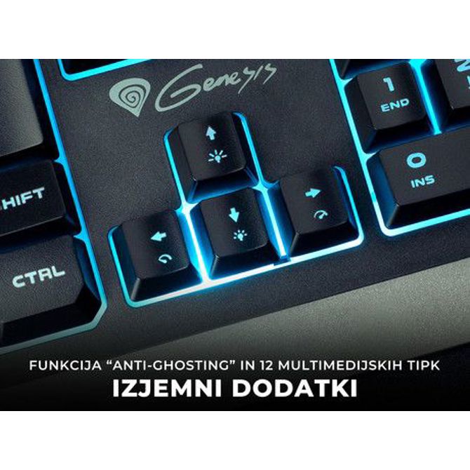 GENESIS RHOD 300 RGB gaming membranska tipkovnica, žična, RGB LED osvetlitev, Anti-Ghosting funkcija, Non-Floating stikala / tipke, zaščita pred vodo, Plug & Play, F1-F12, črna 5