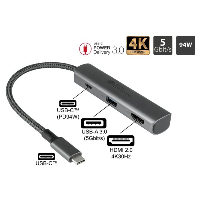 GoodConnections HUB-C002A USB-C HUB 3-Port 1xHDMI; 1xUSB-C; 1xUSB 3.0 antrazit 2