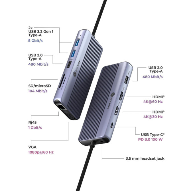Priklopna postaja IcyBox IB-DK4062-CPD, 12-v-1 USB-C, trojni video izhod HDMI in VGA, Power Delivery 100 W 2
