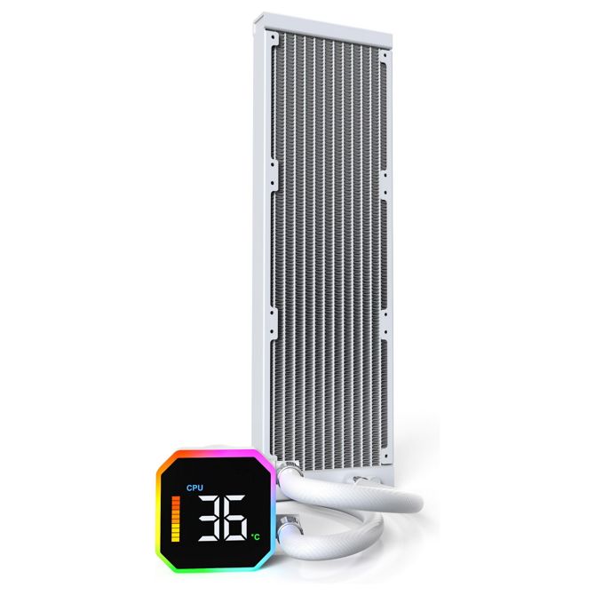 Hladilnik za računalnik Montech HyperFlow Digital 360 White, tekočinsko hlajenje, 3x 12 cm ventilatorji, LED osvetlitev, bela barva, aluminijast radiator 2