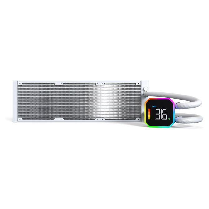 Hladilnik za računalnik Montech HyperFlow Digital 360 White, tekočinsko hlajenje, 3x 12 cm ventilatorji, LED osvetlitev, bela barva, aluminijast radiator 4