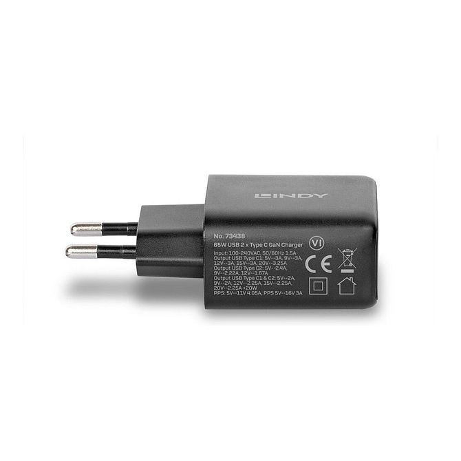 LINDY USB-C polnilnik 2-portni GaN polnilnik 65W, črn 3
