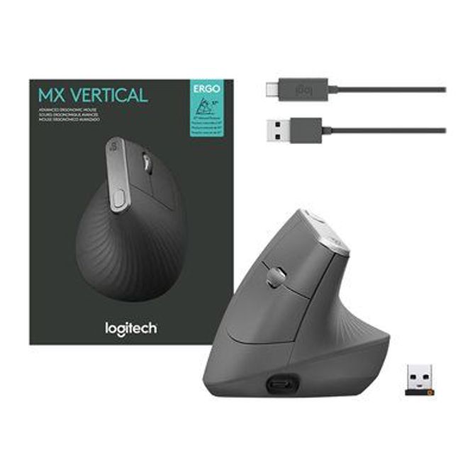 LOGITECH MX Vertical Vertical mouse ergonomic optical 6 buttons wireless wired Bluetooth 2.4 GHz USB wireless receiver graphite 6