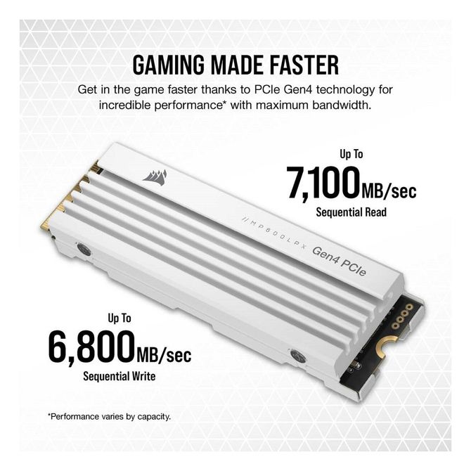 Vgradni SSD disk Corsair MP600 PRO LPX 2TB, M.2, PCI-E 4.0, NVMe 1.4, bel, hitrost branja 7100 MB/s, hladilnik, združljiv s PlayStation 5 6