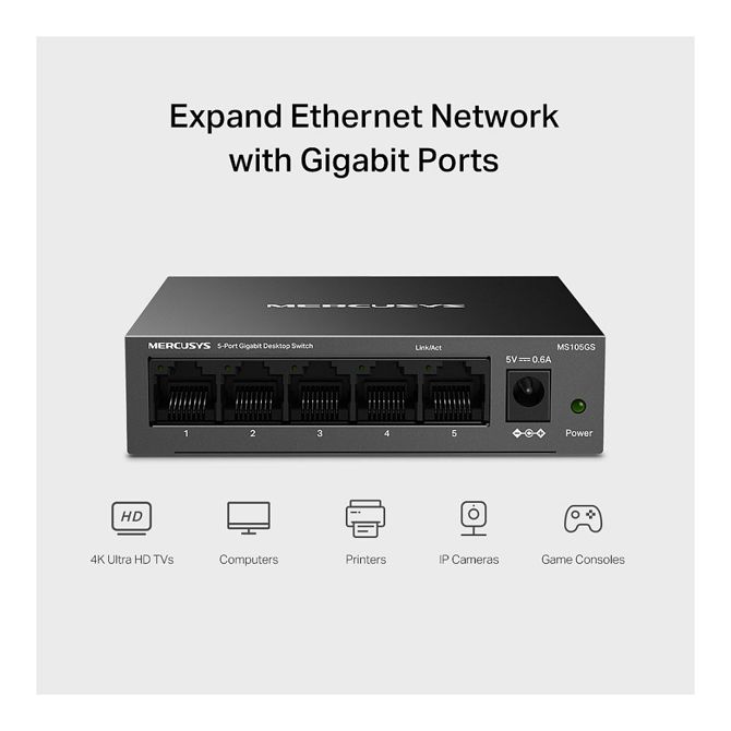 Stikalo TP-Link Mercusys MS105GS 5-portno gigabitno, kovinsko ohišje, brez ventilatorja, plug-and-play, stenska montaža 5