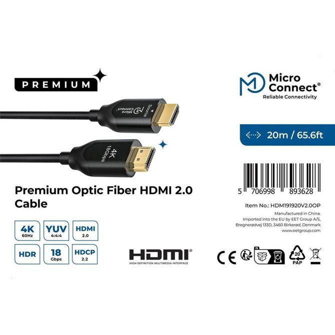 MicroConnect Premium optični kabel HDMI 2.0, 20m 4K60Hz, 18Gbps, 4:4:4, AOC 3