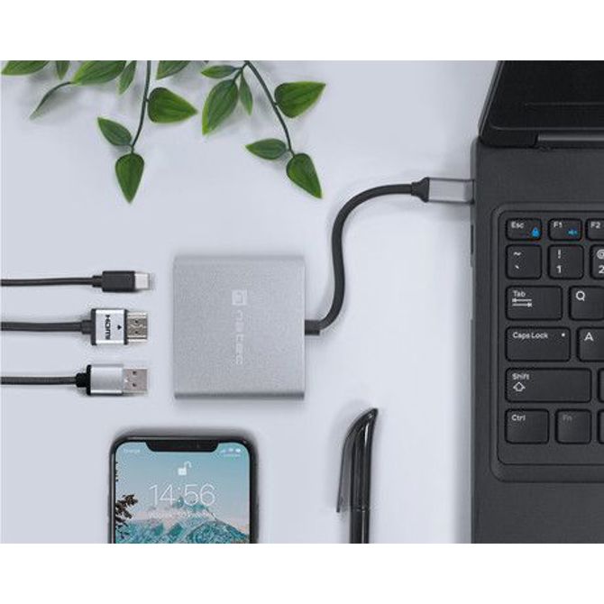 Natec FOWLER MINI adapter USB hub, 1x USB-A 3.0, 1x HDMI, 1x USB-C, max 4K UHD, 5GB/s, Plug&Play, Power Delivery, 60W, siv 5