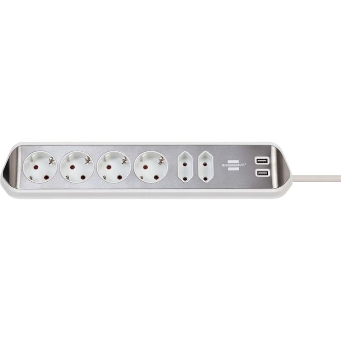 Podaljšek Brennenstuhl style kotni, 6 vtičnic, 2x USB, 2 m, bela/nerjaveče jeklo, zaščita IP20 2
