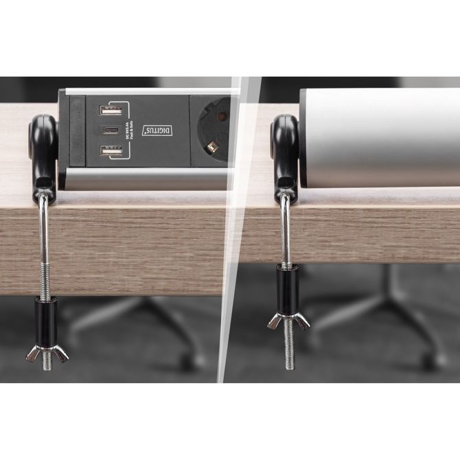 Podaljšek Digitus Office 6 vtičnic, 3 USB priključki, stikalo, aluminijasto ohišje, 1,5 m kabel (srebrn/črn) 2