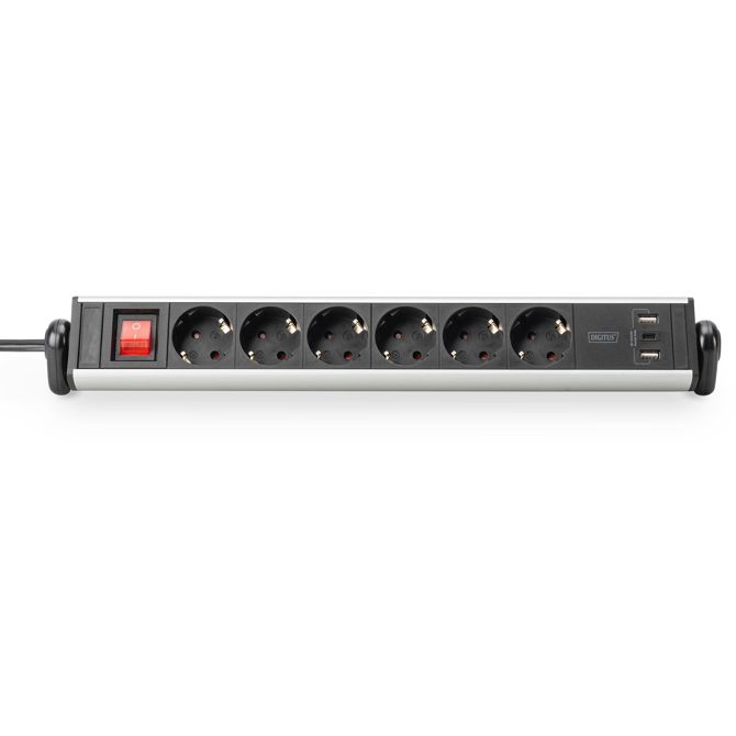 Podaljšek Digitus Office 6 vtičnic, 3 USB priključki, stikalo, aluminijasto ohišje, 1,5 m kabel (srebrn/črn) 5