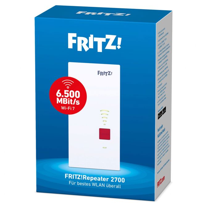 Podaljševalec signala FRITZ! Repetitor 2700 Wi-Fi 7, do 6,5 Gbit/s, 2,5 Gb LAN, WPA3, enostavna namestitev, bel/siv 5