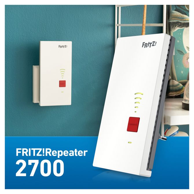 Podaljševalec signala FRITZ! Repetitor 2700 Wi-Fi 7, do 6,5 Gbit/s, 2,5 Gb LAN, WPA3, enostavna namestitev, bel/siv 6