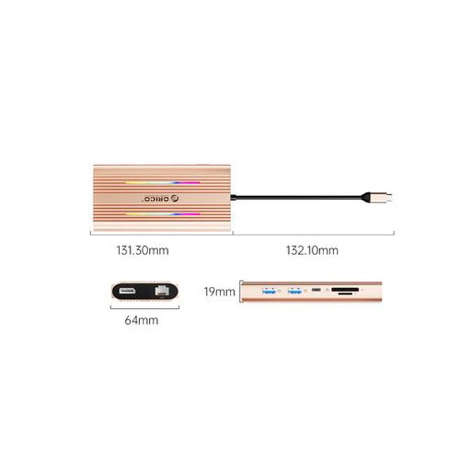 Priključna postaja USB-C 12 v 1, RGB, USB-C 3.1, 3x USB-A, USB-C PD100W, 2x HDMI 4K@60Hz, DP 4K@60Hz, SD+TF, RJ45, AUX, Aluminij, roza, ORICO XDR-X3 4