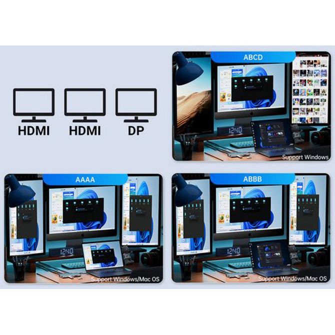 Priključna postaja USB-C 12 v 1, RGB, USB-C 3.1, 3x USB-A, USB-C PD100W, 2x HDMI 4K@60Hz, DP 4K@60Hz, SD+TF, RJ45, AUX, Aluminij, roza, ORICO XDR-X3 5