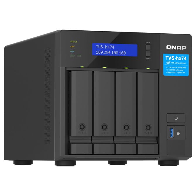 NAS sistem Qnap TVS-H474-PT-8G Intel Pentium Gold G7400 3,7 GHz, 8 GB DDR4, 4x reža, M.2 NVMe predpomnilnik, 2,5 GbE, QuTS hero 4
