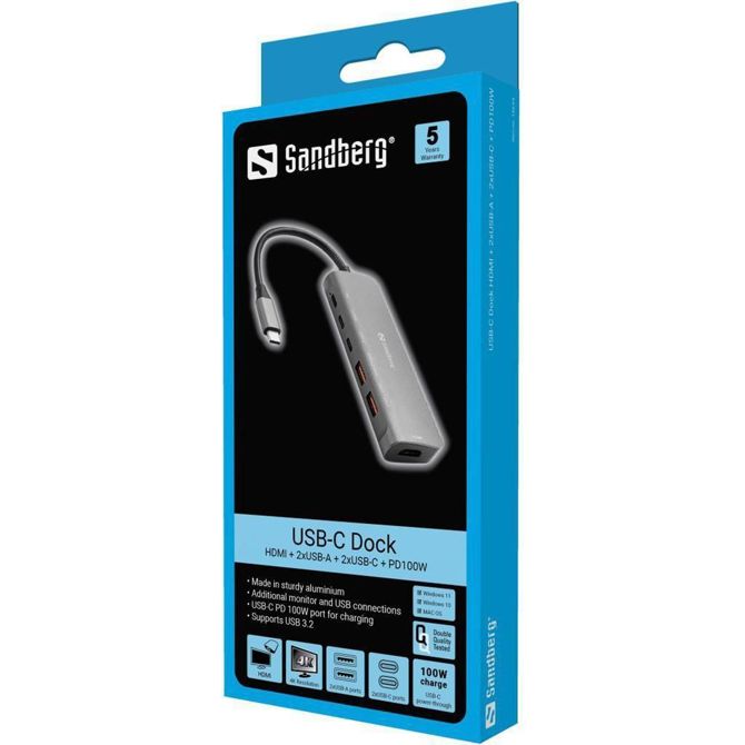 Sandberg USB-C docking postaja HDMI + 2xUSB-A + 2 3