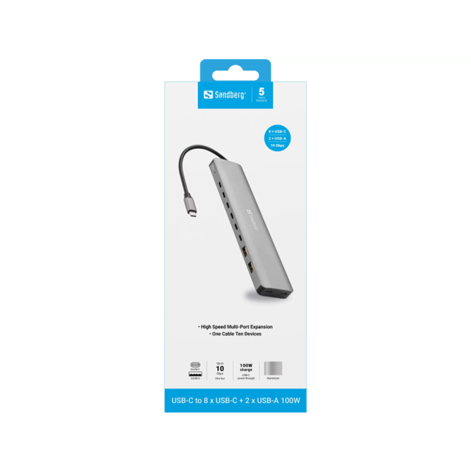 Docking postaja za prenosnike Sandberg USB-C to 8xUSB-C+2xUSB-A 100W, 10 priključkov, prenos podatkov do 10 Gbps, aluminijasto ohišje, Power Delivery 100 W 5