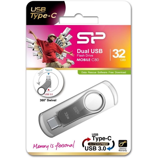 USB ključek Silicon Power 32GB USB 3.0 C80 srebrne barve, tip C, pripravljen za uporabo 4