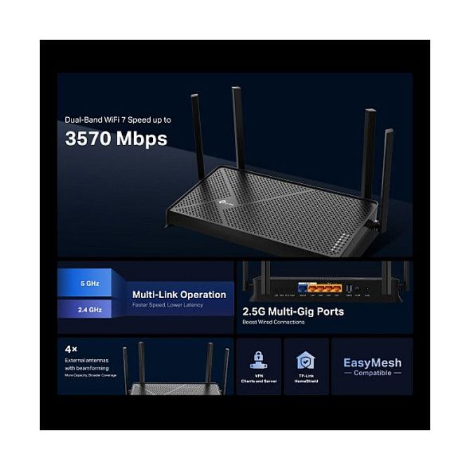 Brezžični usmerjevalnik TP-Link Archer BE3600 Wi-Fi 7, dvopasovni 2,5Gbps, 4 antene, Mesh podpora, HomeShield varnost 4