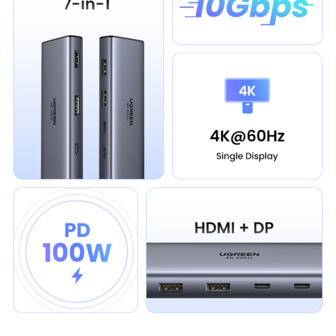 USB hub Ugreen 75902 7-v-1, HDMI/DP izhod, 4K 60Hz, PD 100W, aluminijasto ohišje 4