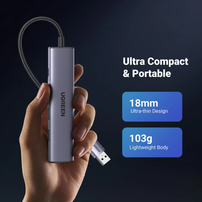 USB hub Ugreen 60554 5-v-1, 3x USB 3.0, Gigabit Ethernet, USB-C napajanje, kompaktna zasnova 2