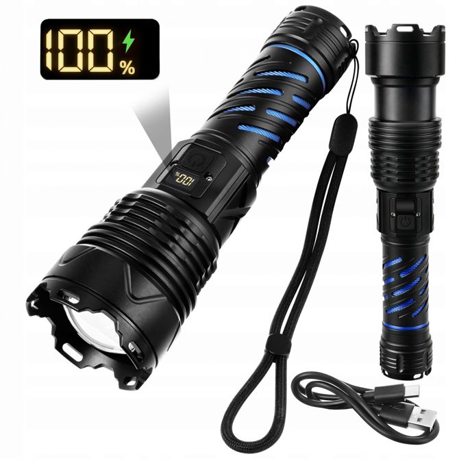 Taktična LED svetilka Trizand, 1500 lm, ZOOM fokus, baterija 5000 mAh, LCD zaslon, USB-C polnjenje, črne barve