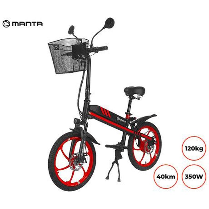Električno kolo Manta MES2001L Flinstone, 350 W, 20, do 20 km/h, domet 40 km, do 120 kg, LED-osvetlitev, vzmetenje, črno-rdeče