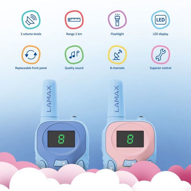 Otroški voki-tokiji LAMAX TalkieKid1, doseg 2 km, 8 kanalov, LED zaslon, svetilka, zamenljive plošče, modro-roza komplet 4