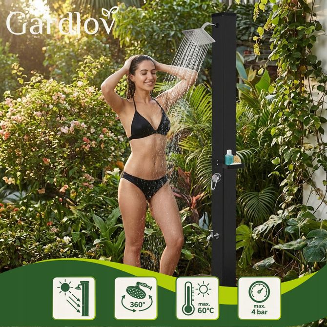 Zunanji pokončni solarni tuš 40L in pipo 216cm črn 360° 2