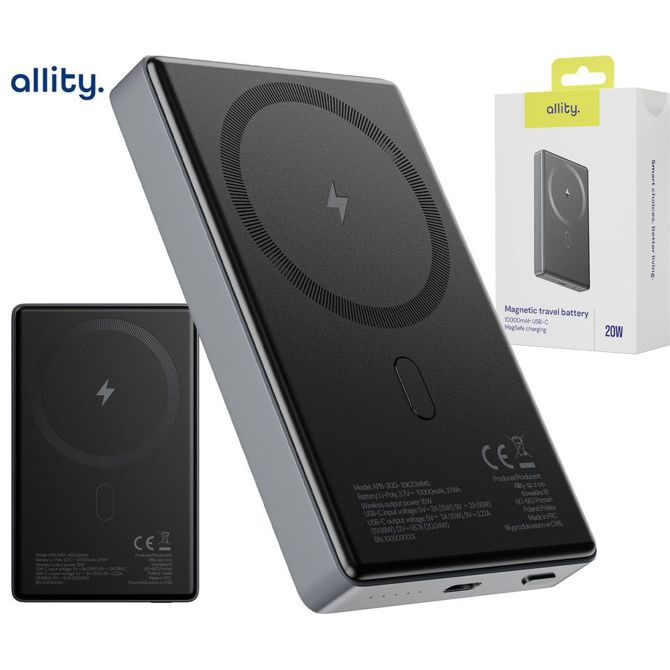 Powerbank polnilna baterija ALLITY APB-300 , 10.000mAh, 20W, 1x USB-C, brezžično polnjenje, MagSafe tehnologija, Power Delivery, Quick Charge, Plug&Play, siva
