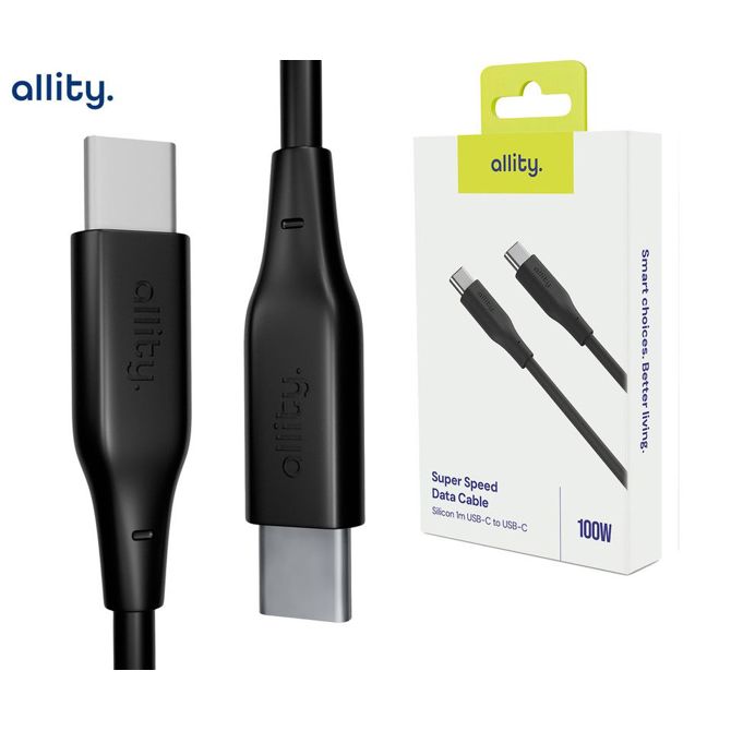 Podatkovni kabel Allity AUC-02, USB-C na USB-C, 100W, 1m, silikon, črn