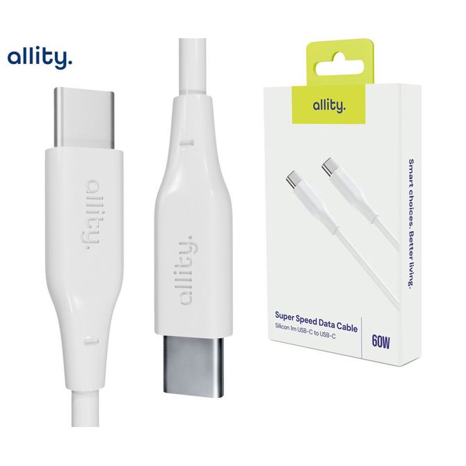Podatkovni kabel Allity AUC-02, USB-C na USB-C, 60W, 1m, silikon, bel